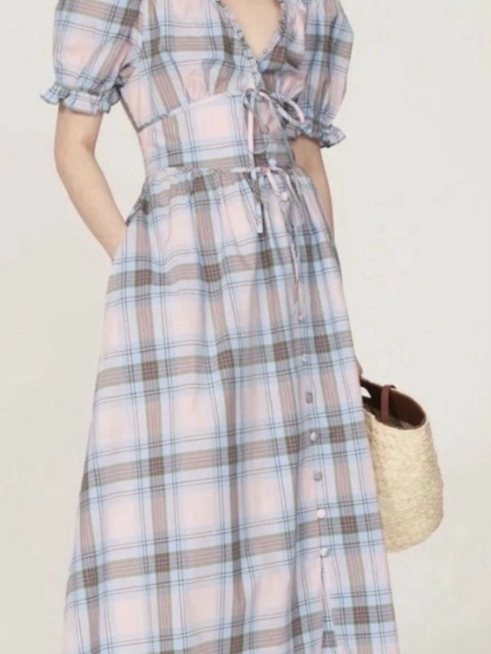 Plaid Tie-Front  Dress in Pastel Blue and Pink from Hill House-The Sabrina dress